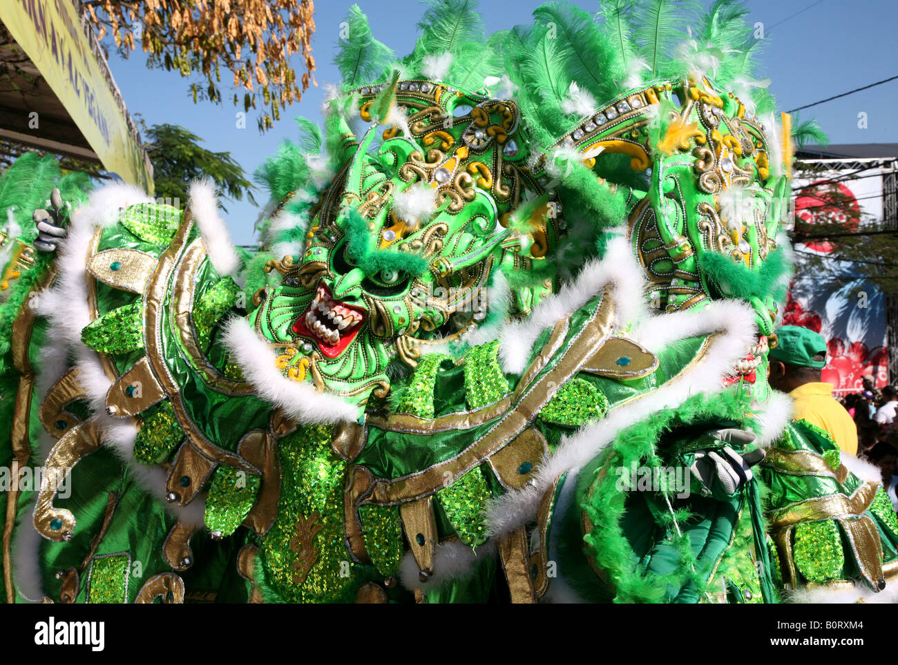 Carnival participants wearing fancy dress of Diablo Cojuelo perform