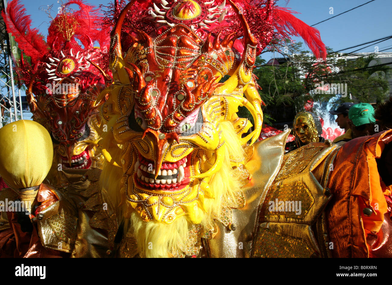 Carnival participants wearing fancy dress of Diablo Cojuelo perform