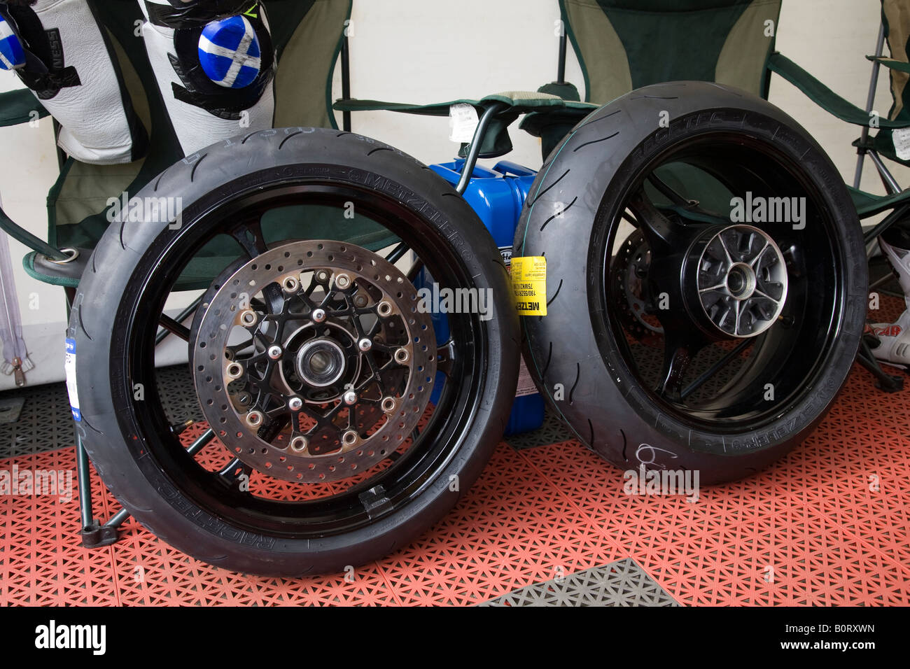 Front and rear wheels from a racing motorcycle. Brands Hatch racing