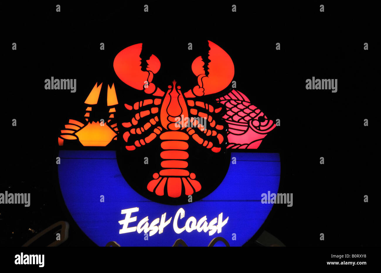 Neon signs of East Coast Seafood Centre Singapore Stock Photo