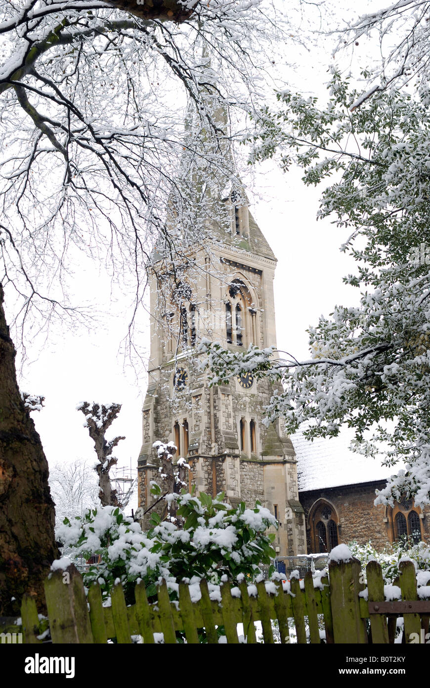 SNOW COVERED CHURCH Stock Photo