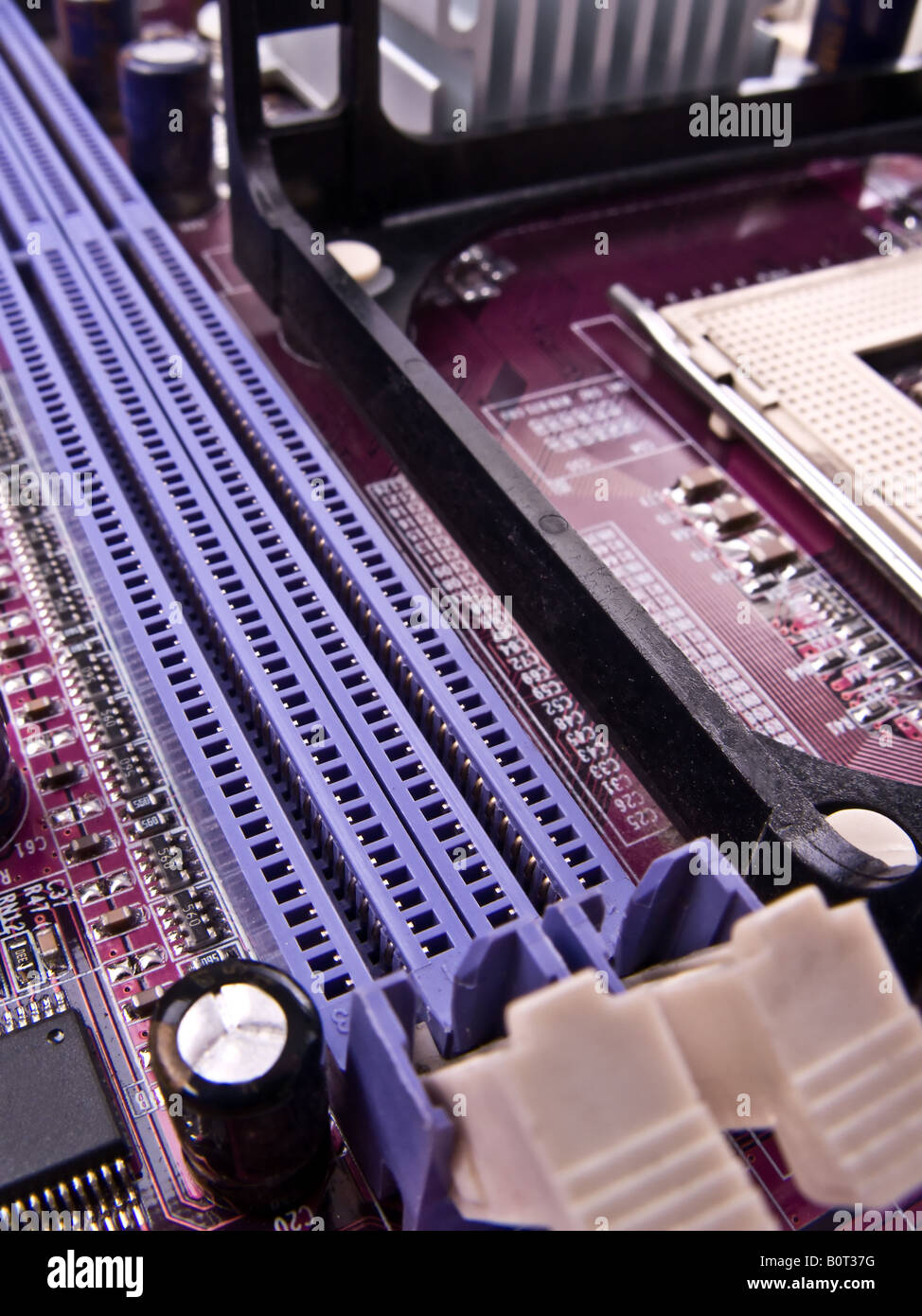 Macro of the Ram memory slots in a pc motherboard Stock Photo