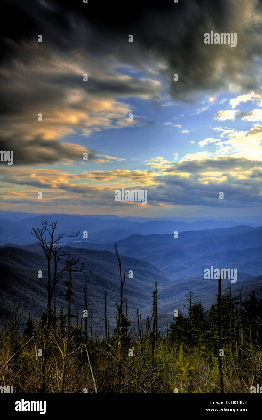 High dynamic range image HDR image of the sunset as seen from the base of Clingman's Dome in the Smoky Mountains National Park Stock Photo