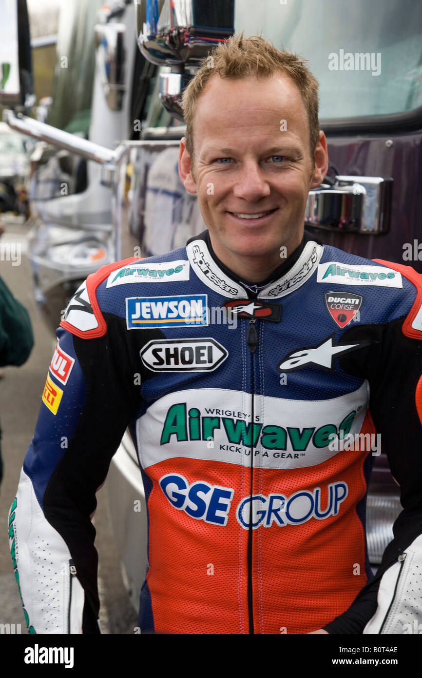 Shane Byrne (Airwaves Ducati) in the paddock during free practice for the British Superbikes Championship, Brands Hatch. Stock Photo