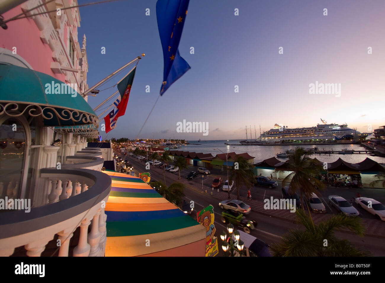 High Angle View of Oranjestad Harbor at Night Aruba Dutch Caribbean Stock Photo