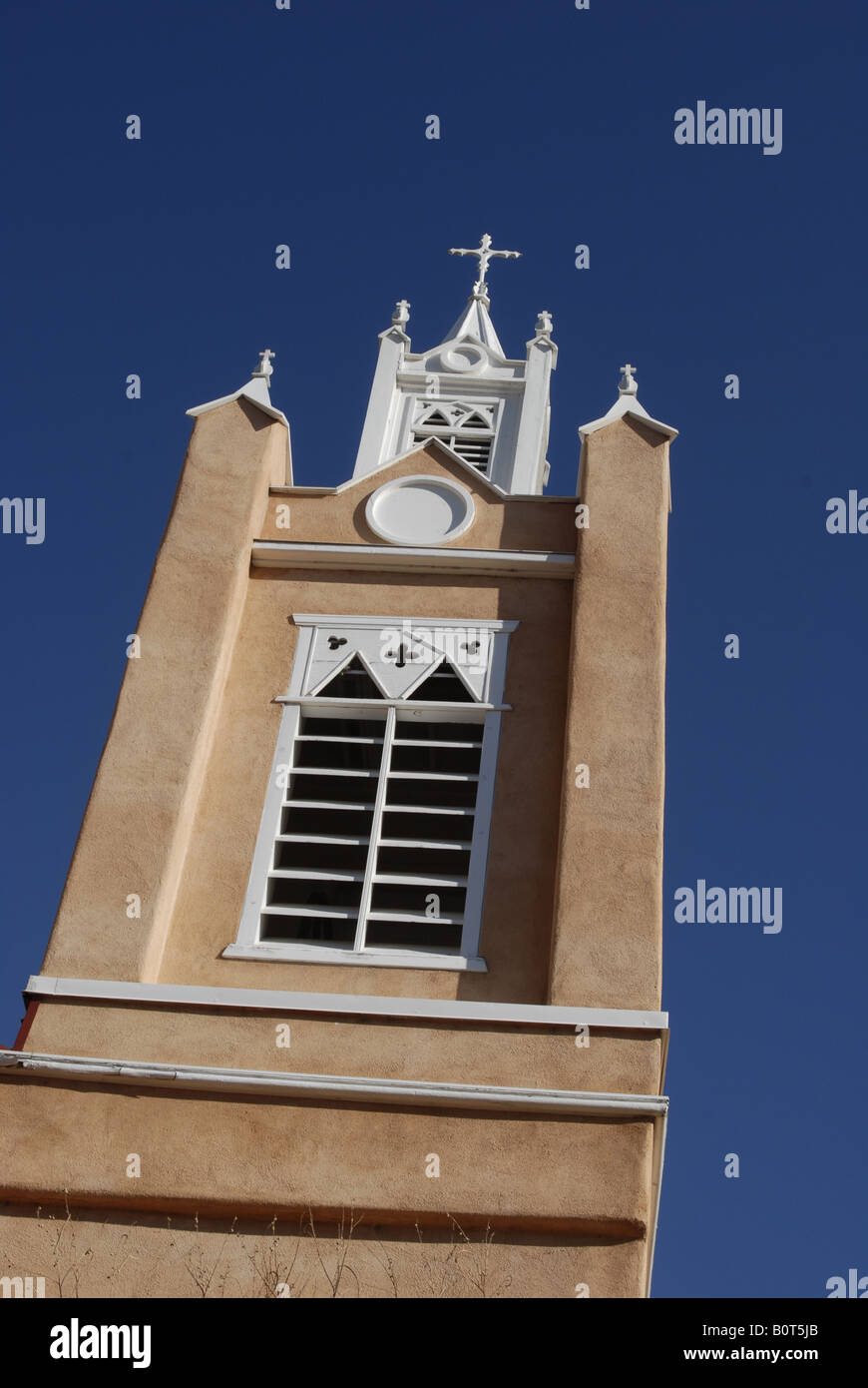 One of the towers of San Felipe de Neri Catholc Church in the old town area of Albuquerque New Mexico Stock Photo