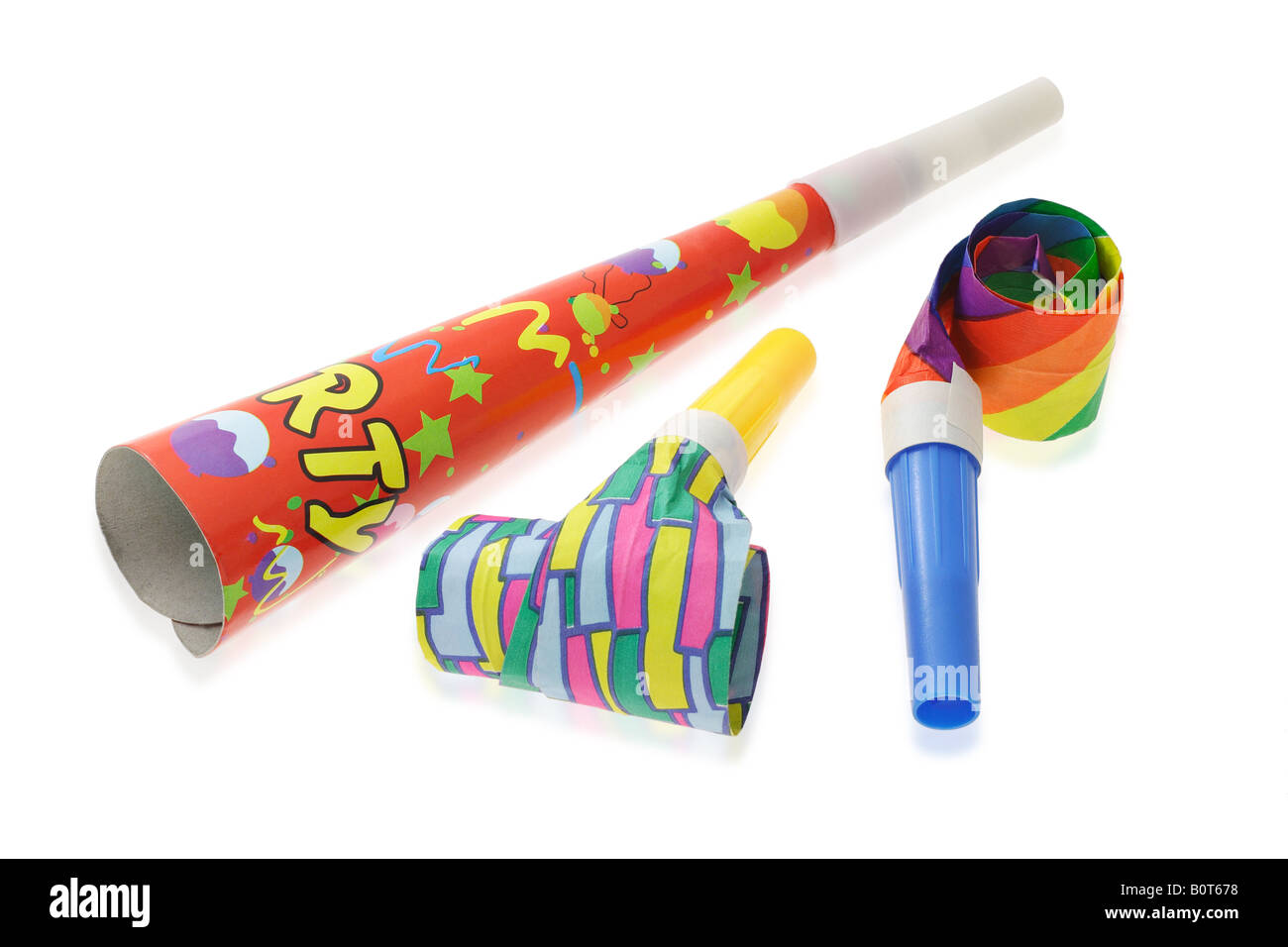 Colorful party horn and blowers on white background with copy space ...