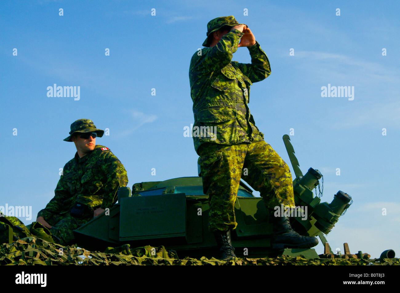 Two members of the Canadian Army on top of a LAV III armoured vehicle. Stock Photo