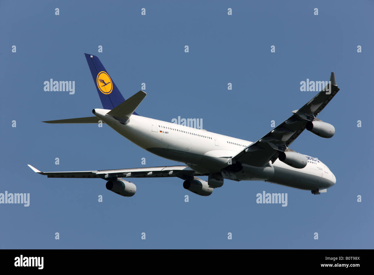 Lufthansa Airbus A 340 taking off from Düsseldorf International Airport. Stock Photo