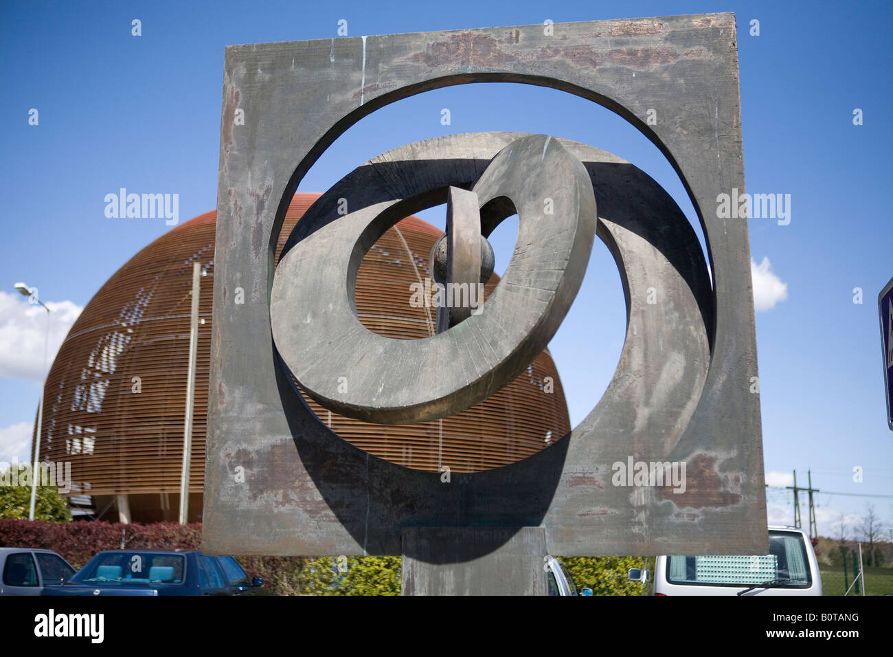 Atom sculpture in front of 'Globe of Science and Innovation' at CERN