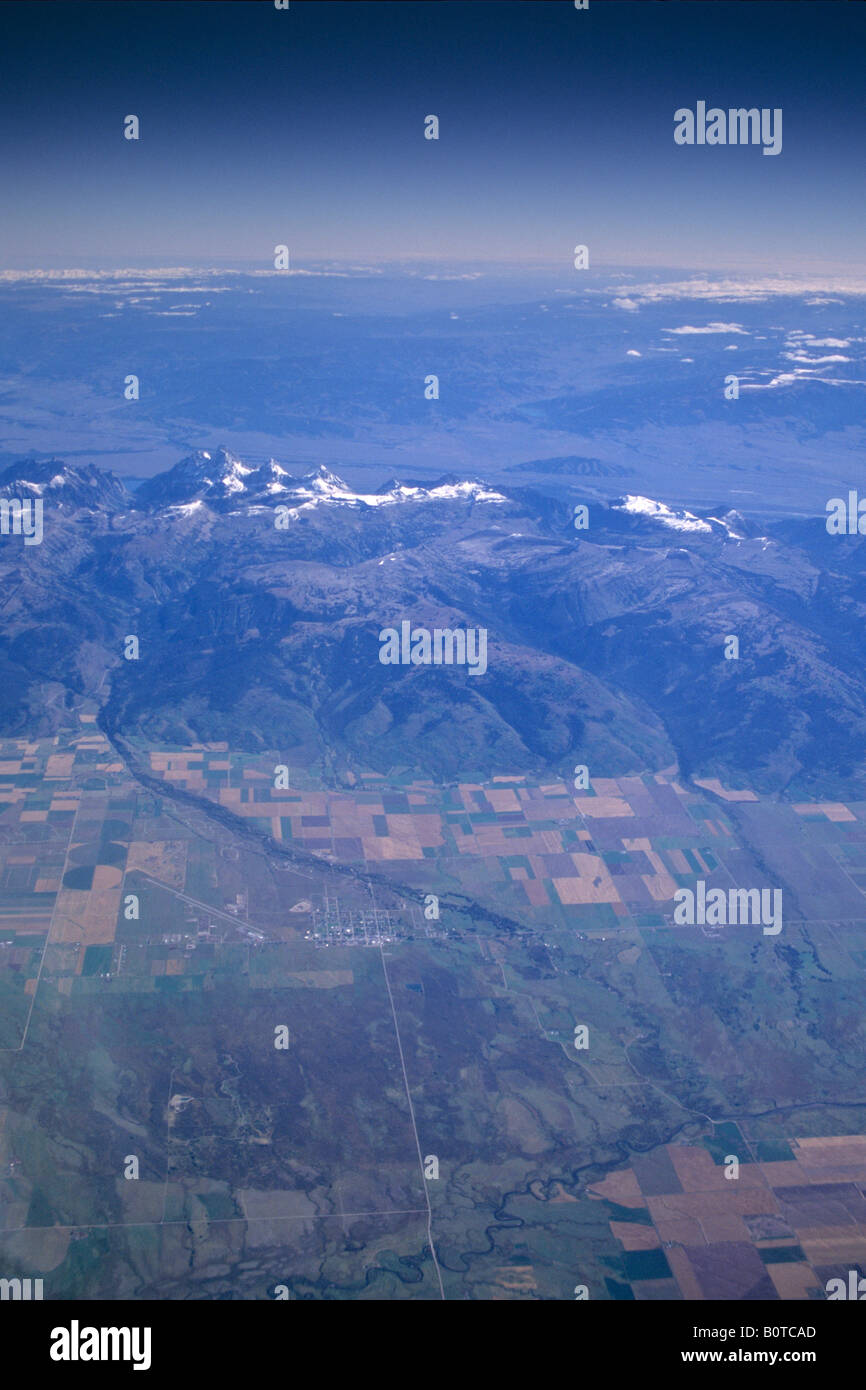 Aerial over The Grand Tetons and Driggs Valley Idaho WYOMING Stock Photo