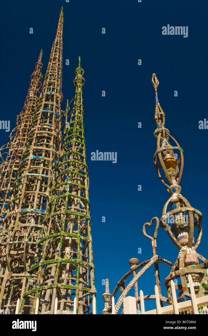 Folk art spires of Watts Towers pointing upwards Stock Photo