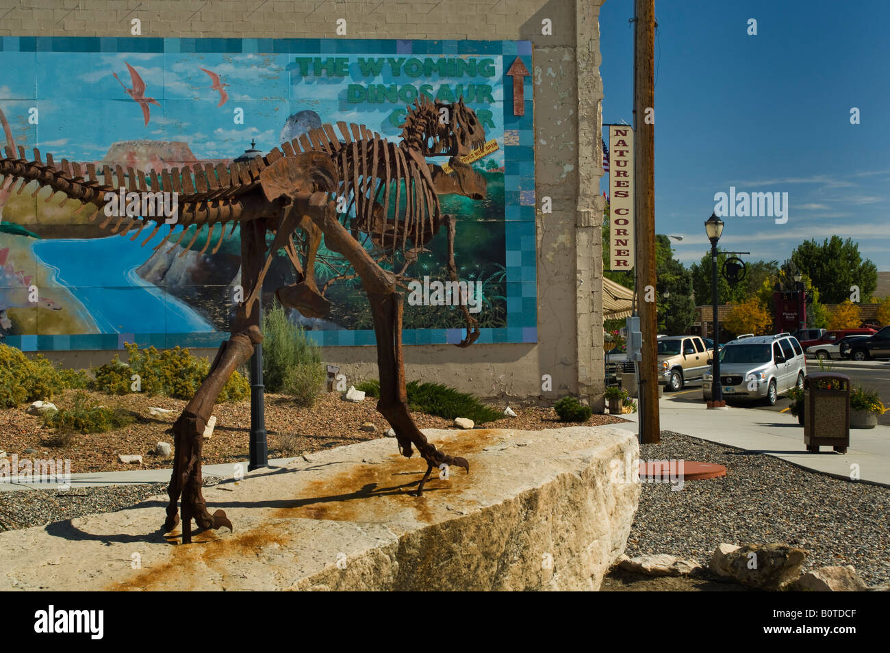 Metal dinosaur skeleton statue downtown Thermopolis Hot Springs County