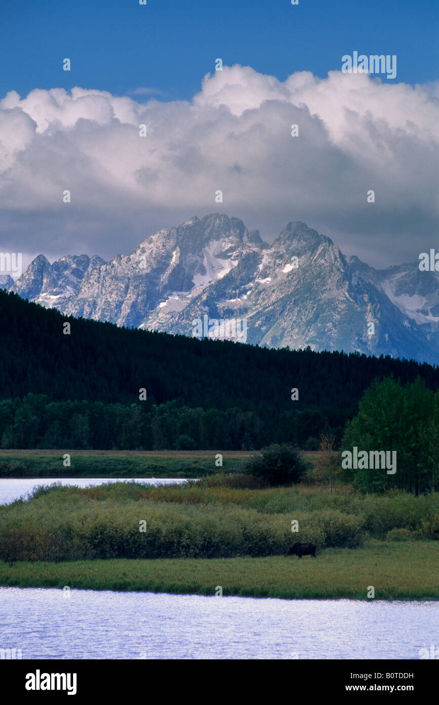 Teton Range dusted by first fall snow from Oxbow Bend on the Snake River Grand Teton Nat l Pk WYOMING Stock Photo