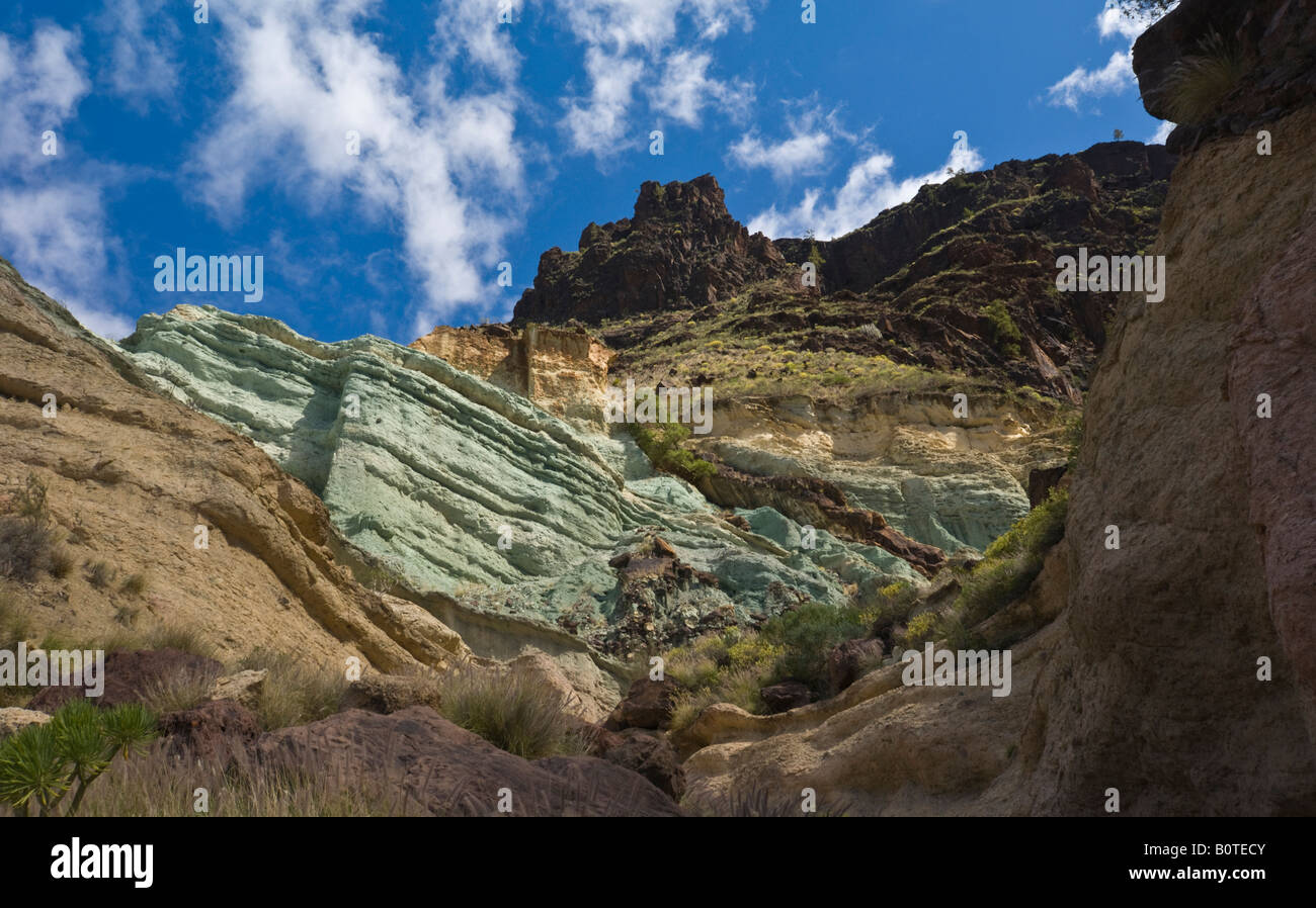 Fuente de los Azulejas Gran Canaria - coloured rock strata created by hydrothermal water and heat activity Stock Photo