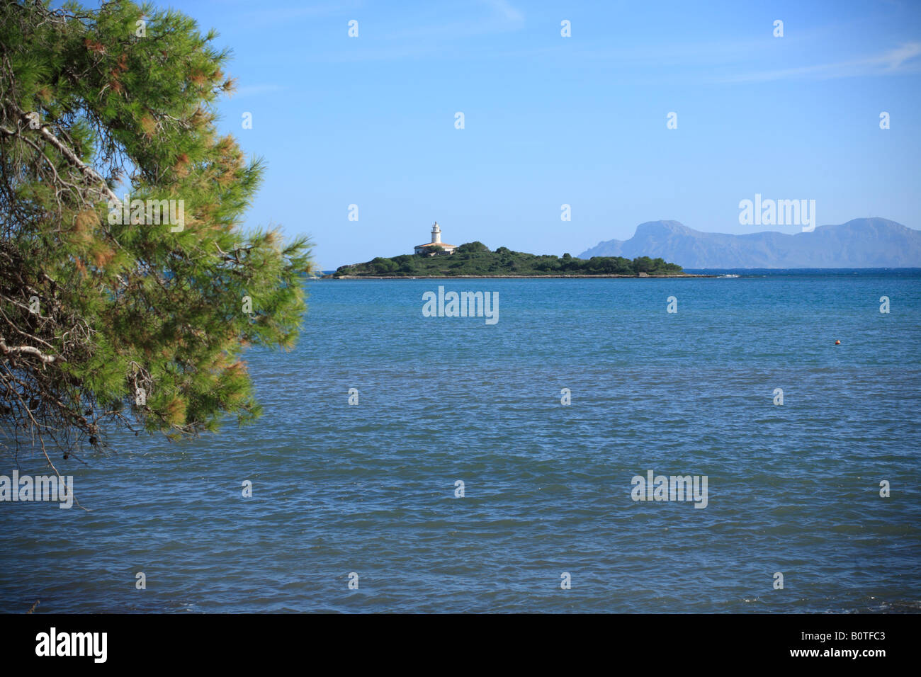 coast and isla con faro at alcanada puerto alcudia majorca spain europe Stock Photo