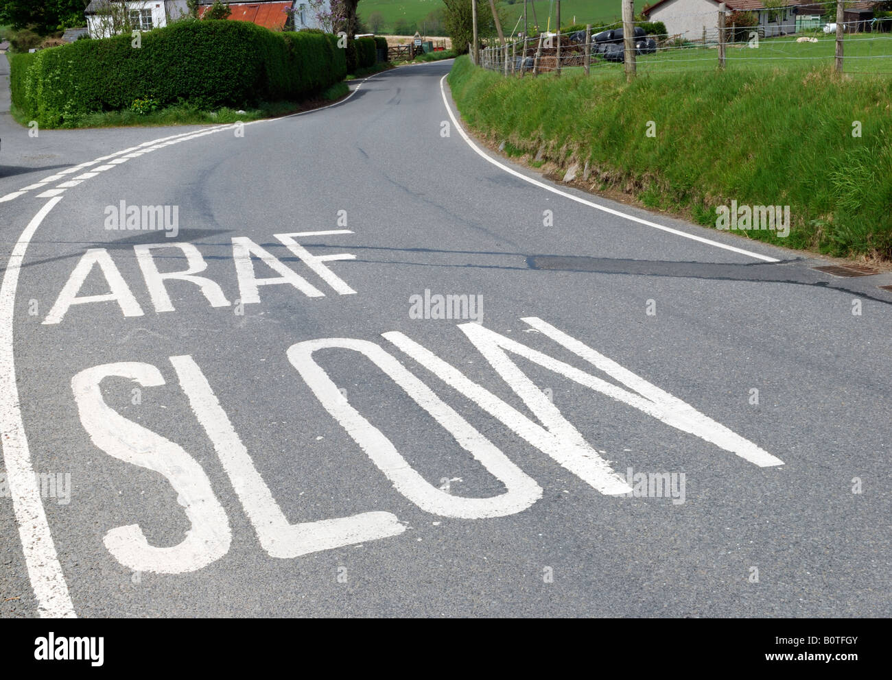 Slow Down Araf Road Sign In Welsh And English Stock Photo Alamy