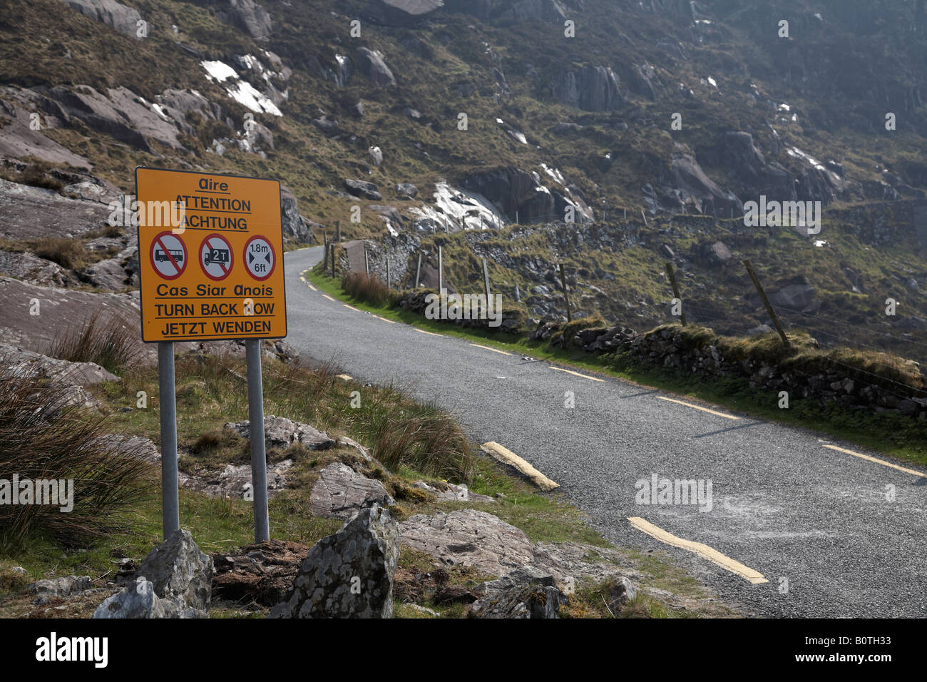 warning sign for heavy vehicles on the single track section of the conor pass on the dingle peninsula county kerry republic of i Stock Photo