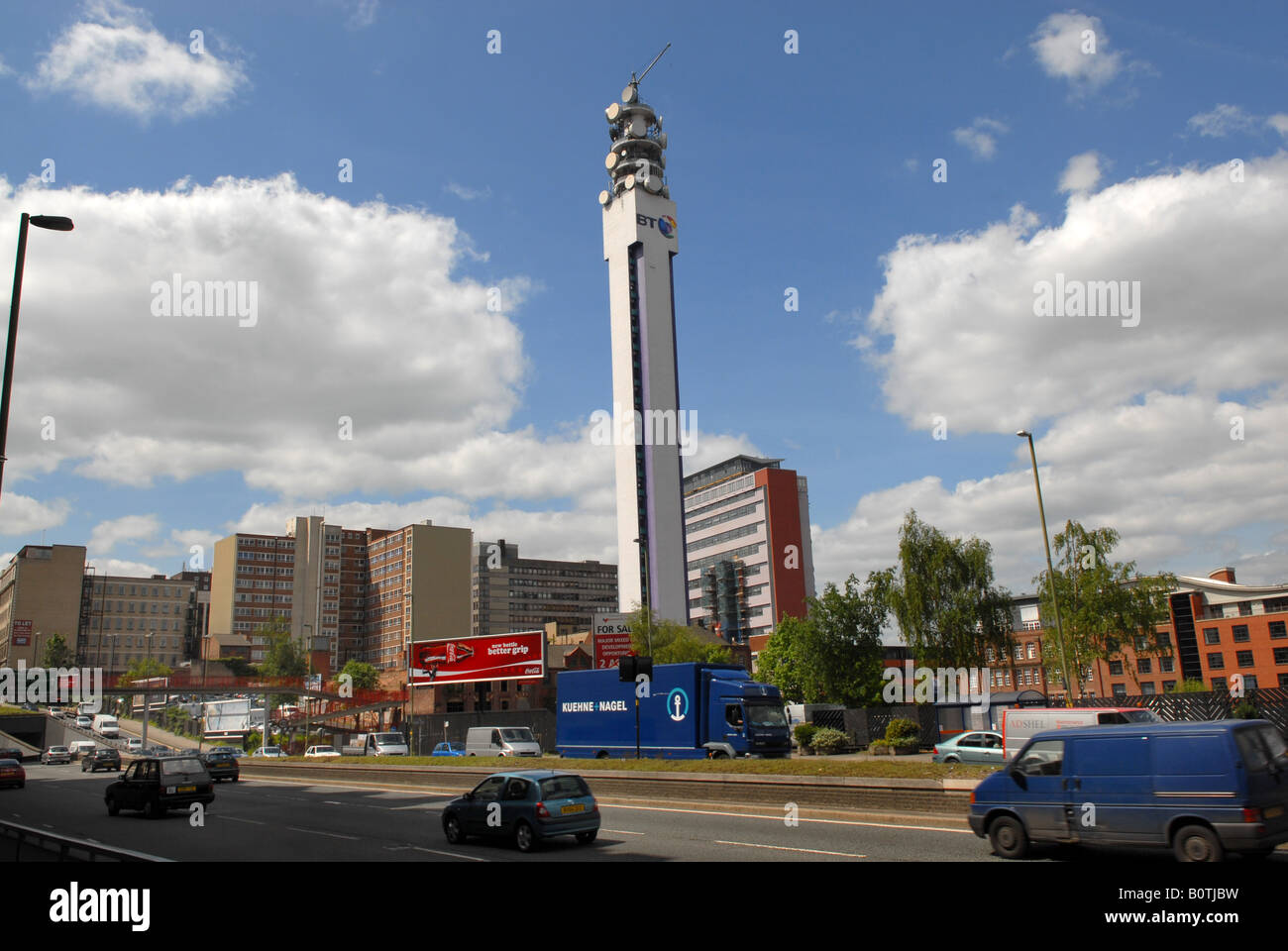 The BT Tower in Birmingham and traffic on the Queensway Stock Photo