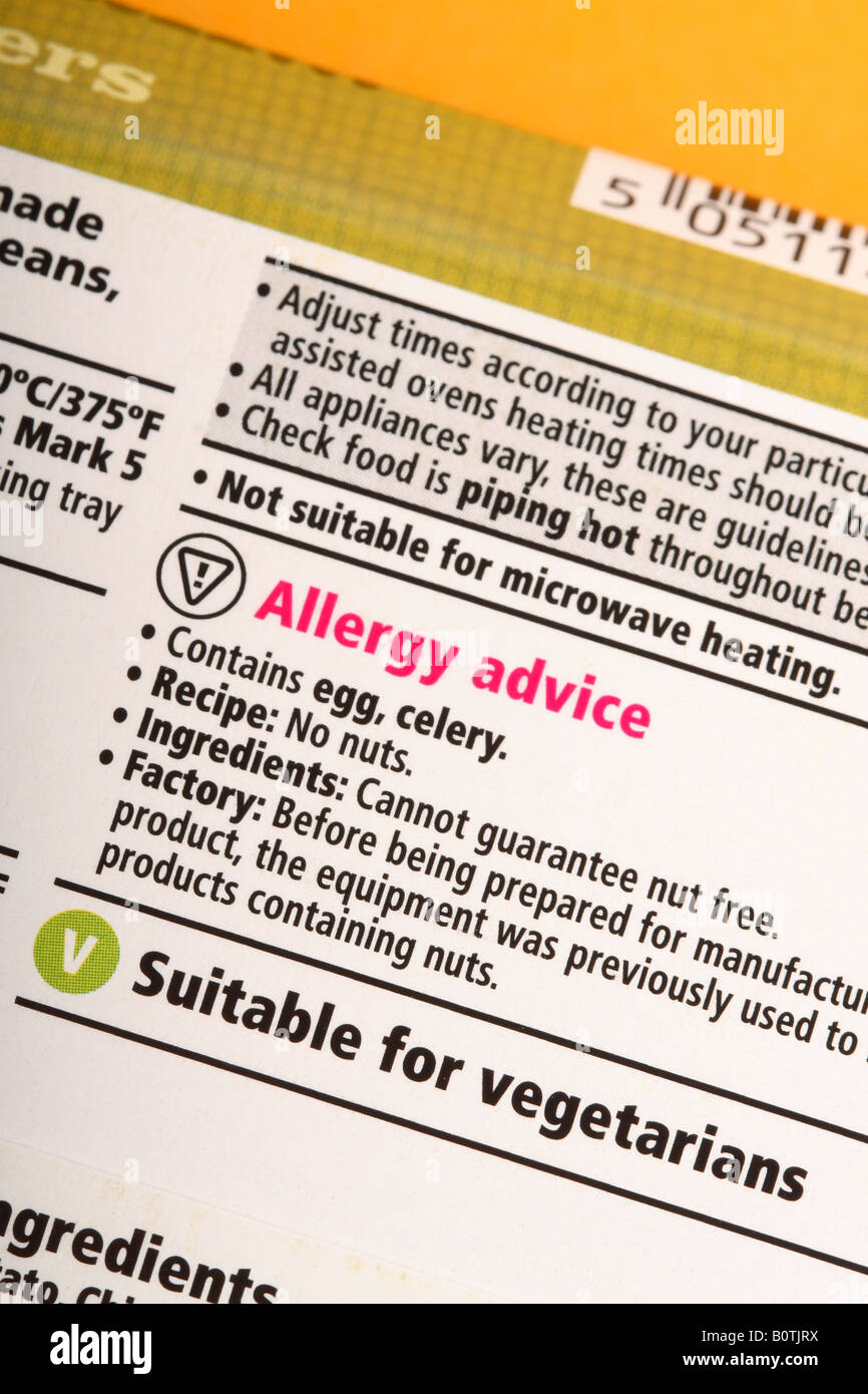 Food allergy consumer product information on pack of supermarket food caution contains Egg and Celery Stock Photo