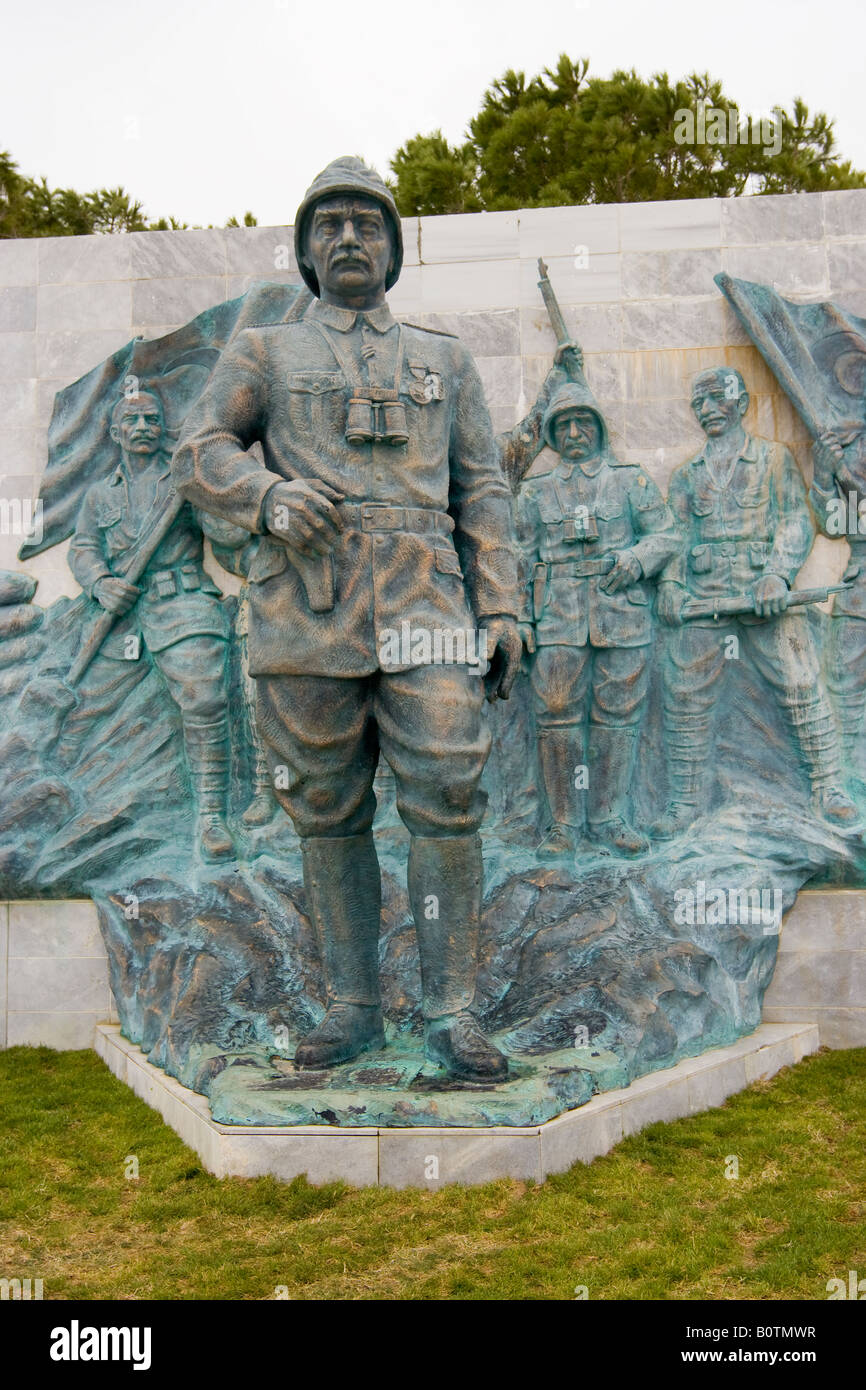 Relief and statue depicting Mustafa Kemal Ataturk commanding the Dardanelles Campaign of WW1 Gallipoli Canakkale Turkey Stock Photo
