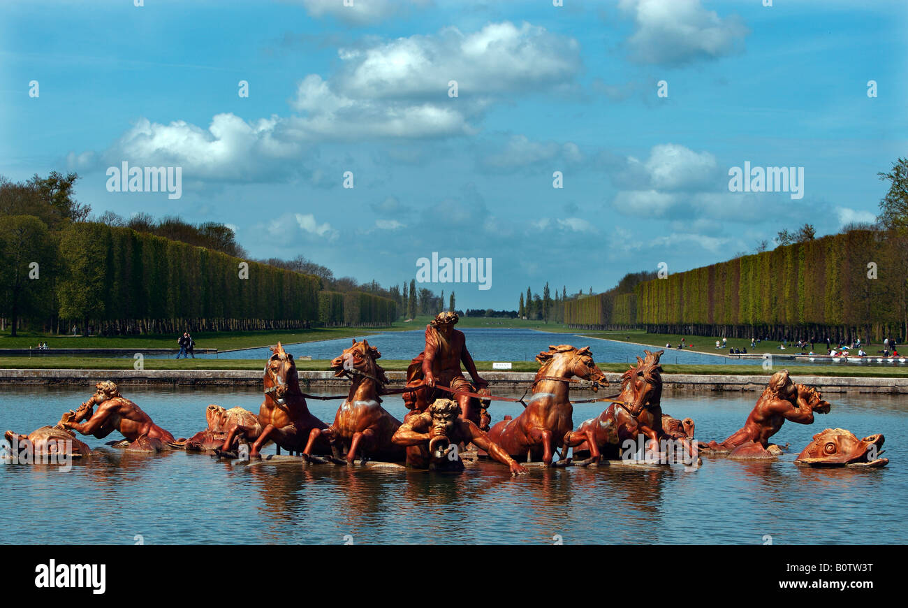 The view up to the grand canal of Versailles from the rondeau fountain of Apollo Stock Photo