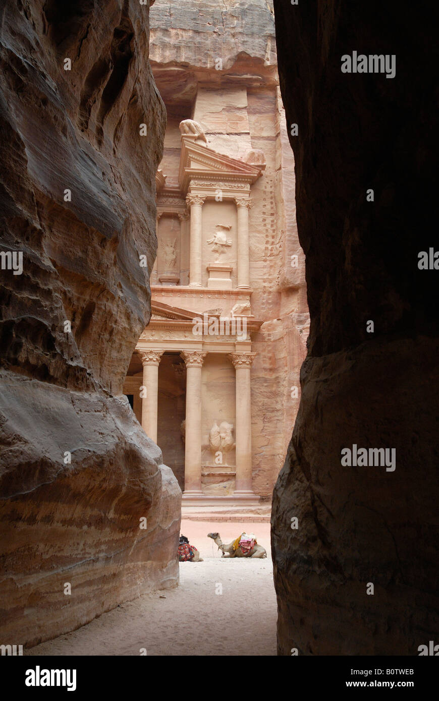 view from canyon As Siq to AL KHAZNEH TREASURY Nabataean ancient town Petra Jordan Arabia Stock Photo