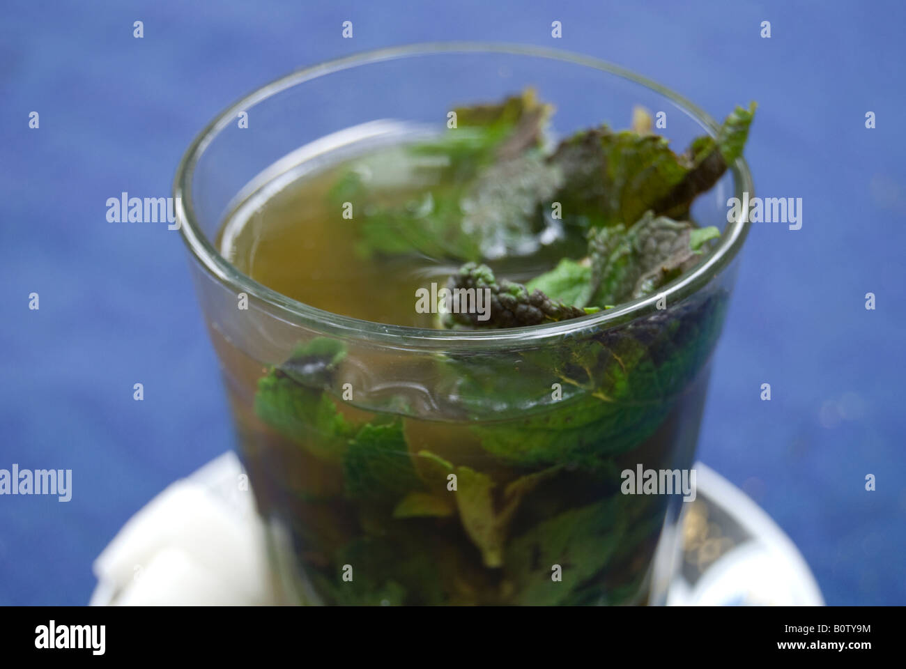 A glass of hot mint tea, a striking infusion of hot water, sugar and
