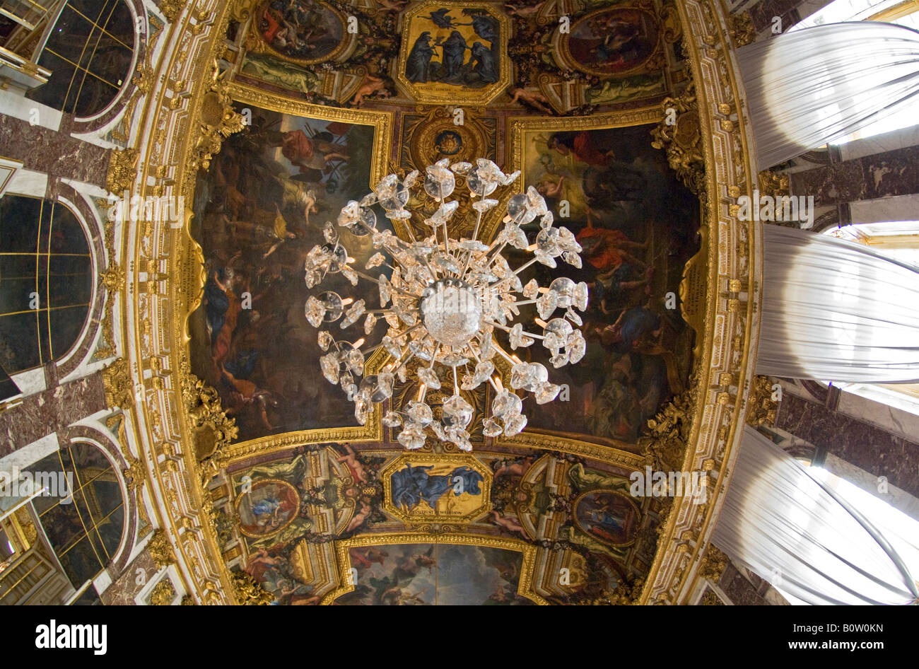 Wide Angle View Of The Ceiling And Chandelier In The Hall Of