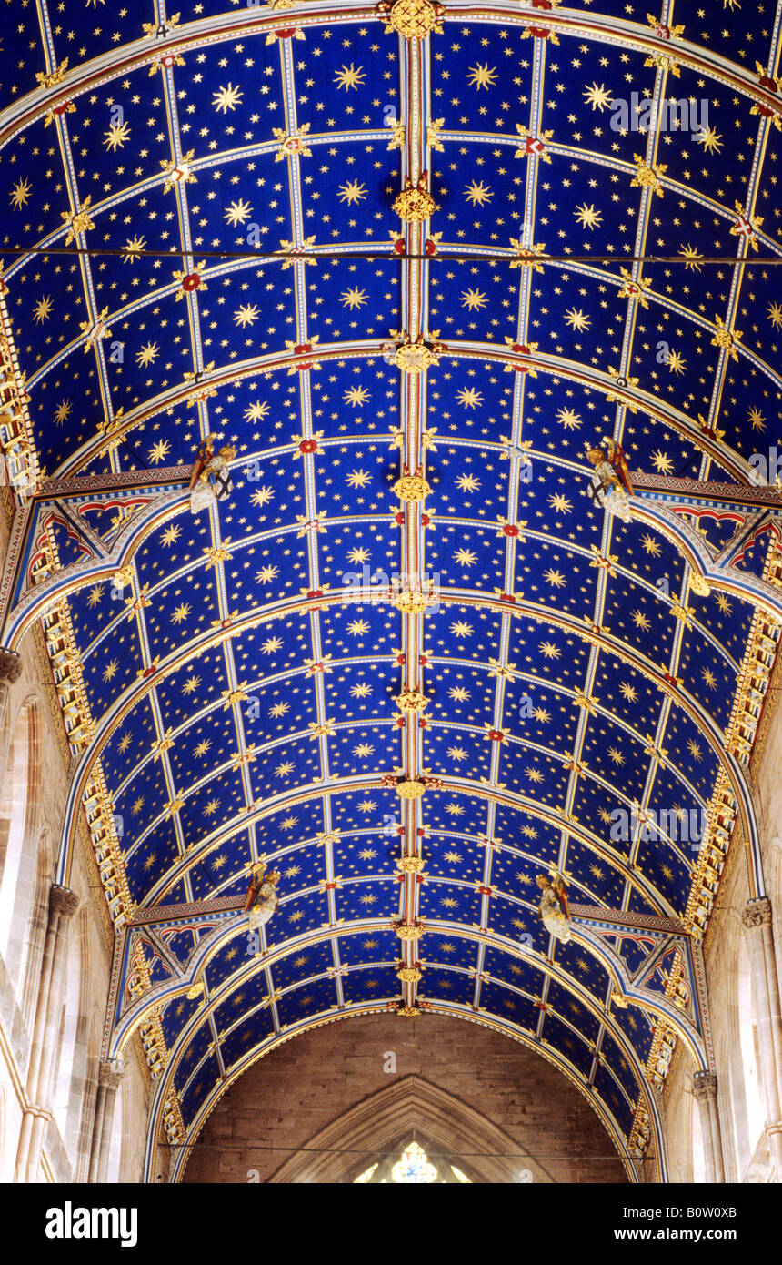 Carlisle Cathedral Choir ceiling 14th century blue gold painted Medieval stars bosses barrel vault vaulting Cumbria England UK Stock Photo