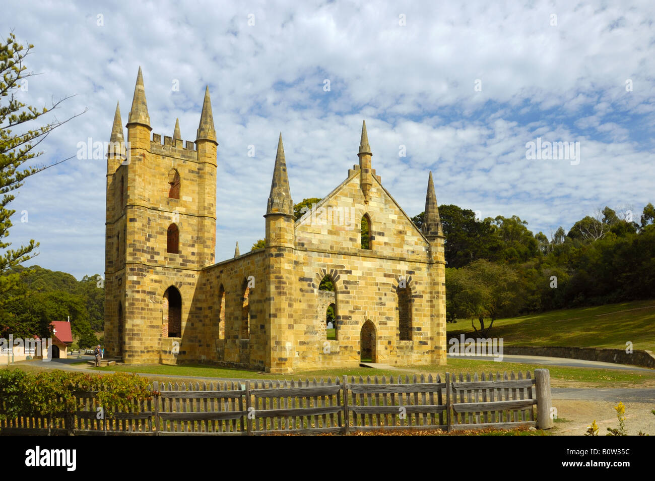 Remains of the sandstone church at Port Arthur, Tasmania. Stock Photo