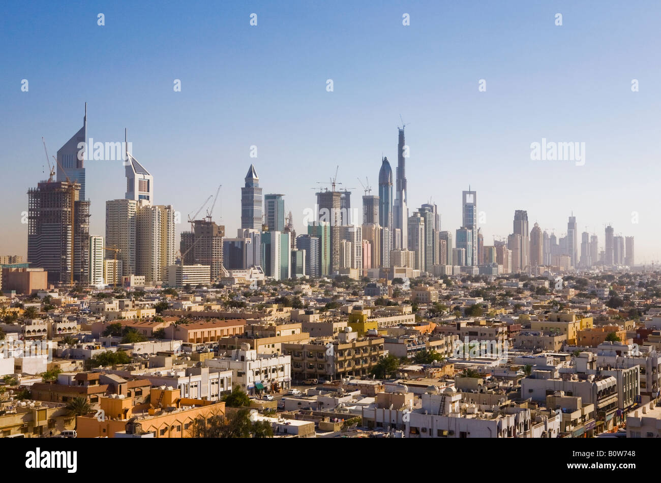 Elevated view towards the skyscrapers on Sheikh Zayed Road in Dubai, United Arab Emirates. Stock Photo