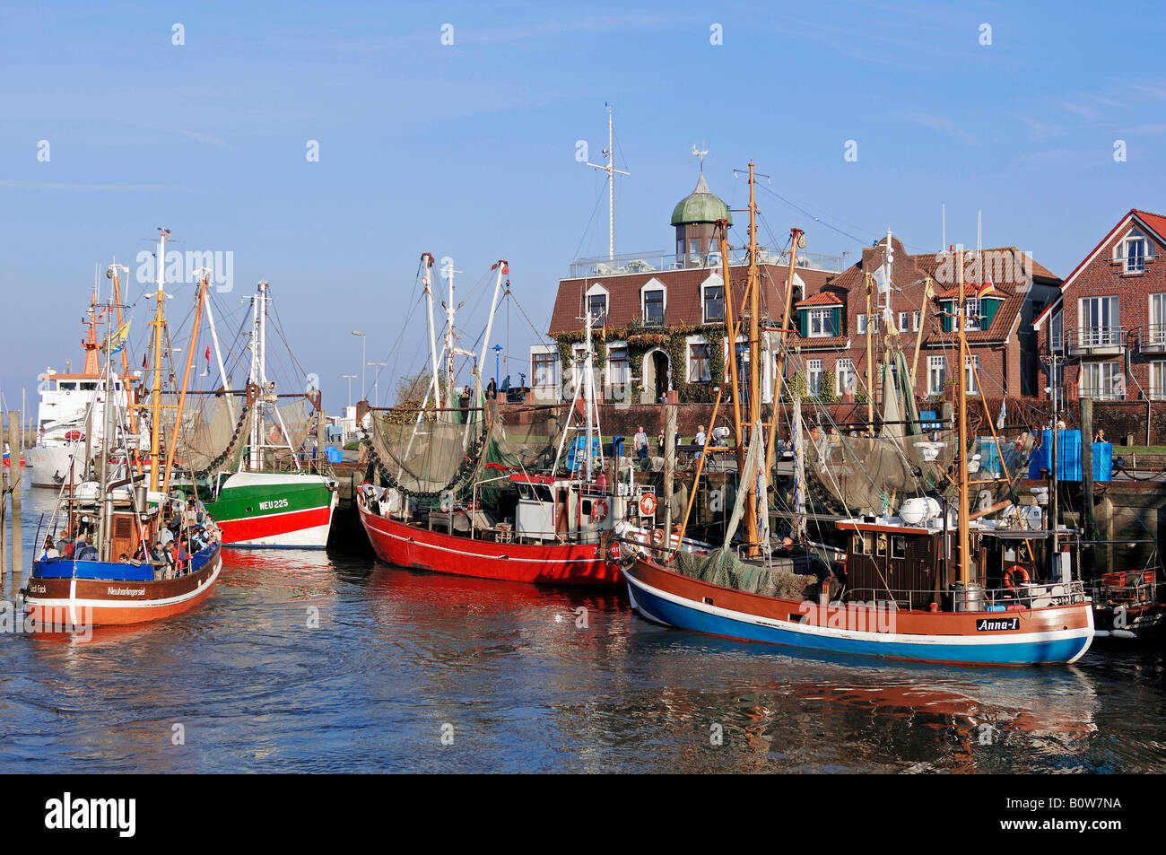 Shrimp cutters in the harbour, Neuharlingersiel, East Frisia, Lower Saxony, Germany, Europe Stock Photo