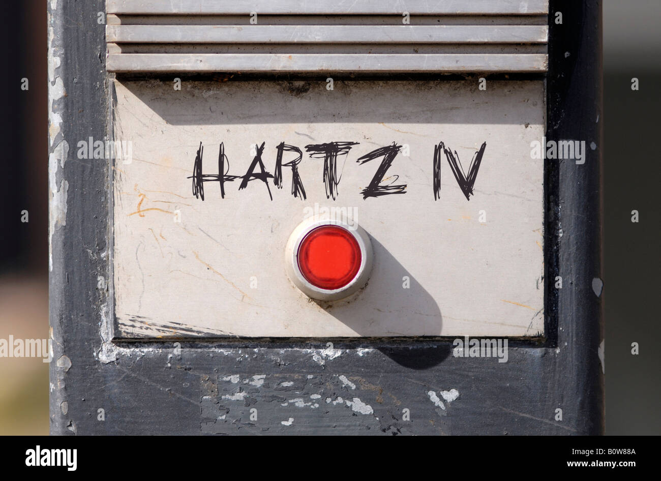Red doorbell button, 'Hartz IV' in writing Stock Photo