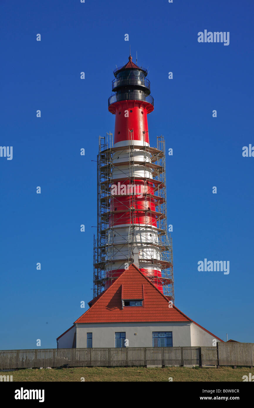 Westerhever Lighthouse, scaffolding for repainting, Westerhever, Schleswig-Holstein, Germany Stock Photo