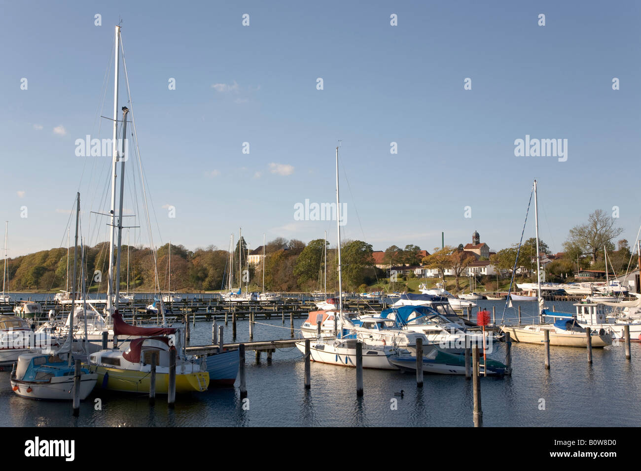Sailboat marina and castle in Augustenborg, Alsen, Denmark Stock Photo