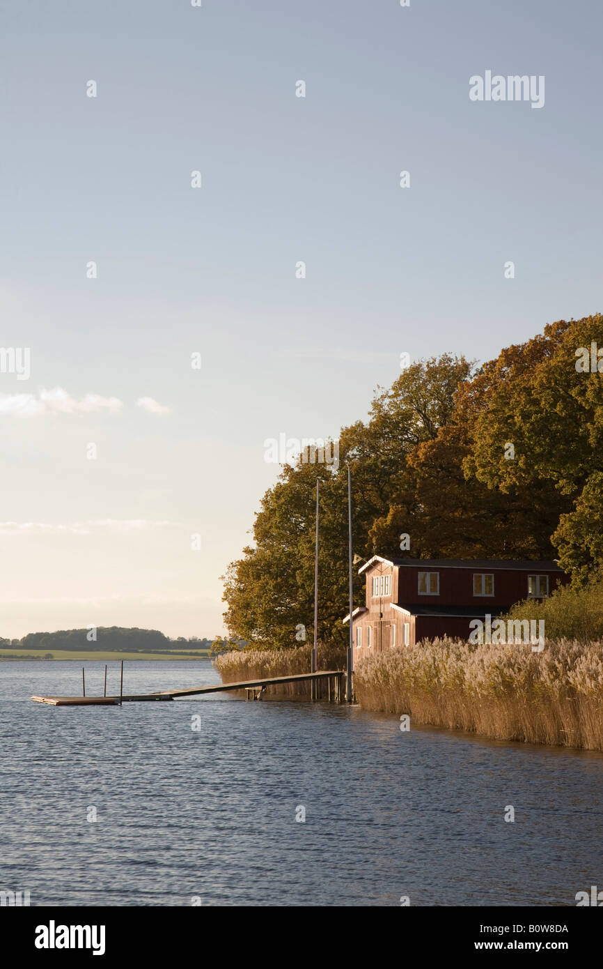 Sunny autumn day in castle gardens, boathouse, Augustenborg, Alsen, Denmark Stock Photo