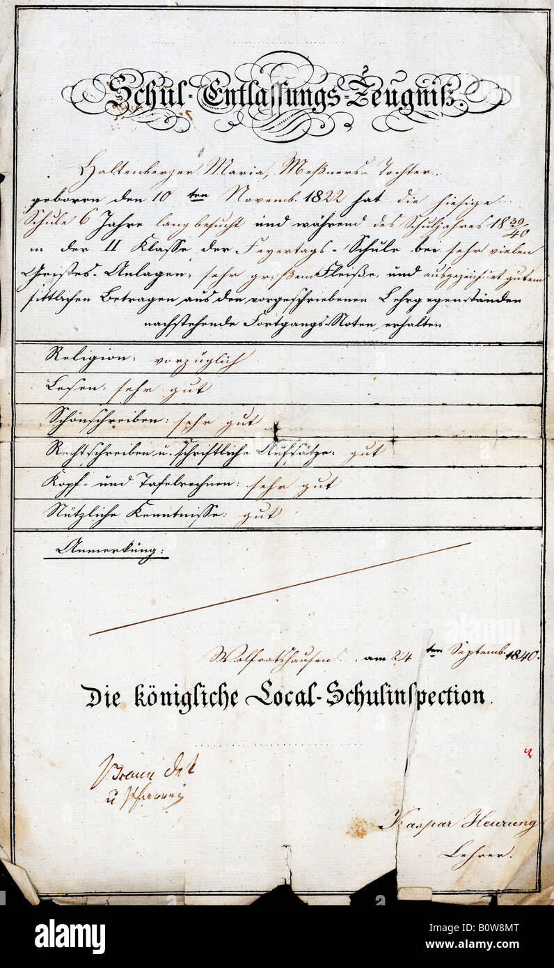 Certificate or discharge from the Bavarian army for Georg Hasch from 20 August 1835, Gelting district of Geretsried, Upper Bava Stock Photo