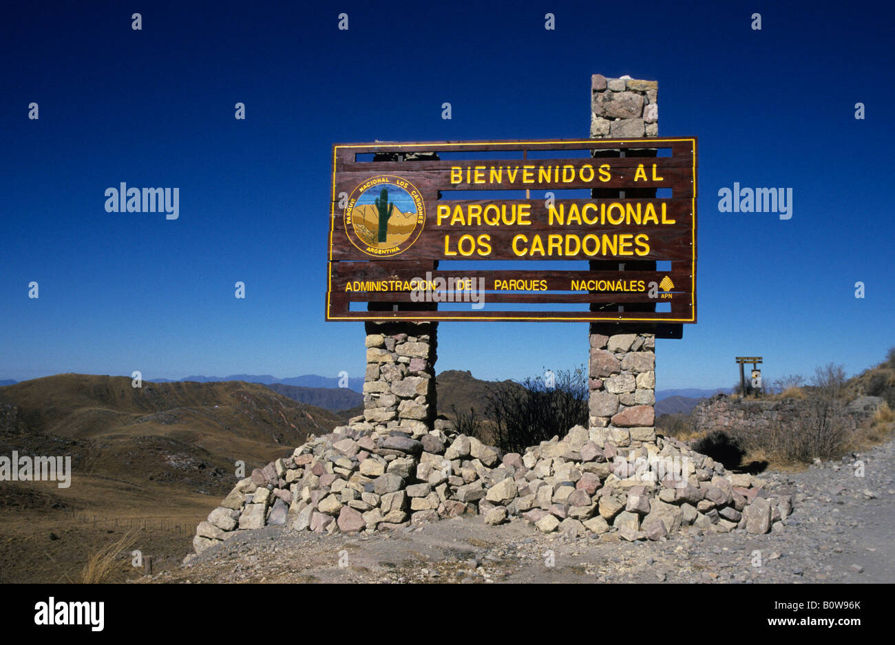 Sign at the entrance to Parque Nacional Los Cardones, Los Cardones National Park, Salta Province, Argentina Stock Photo