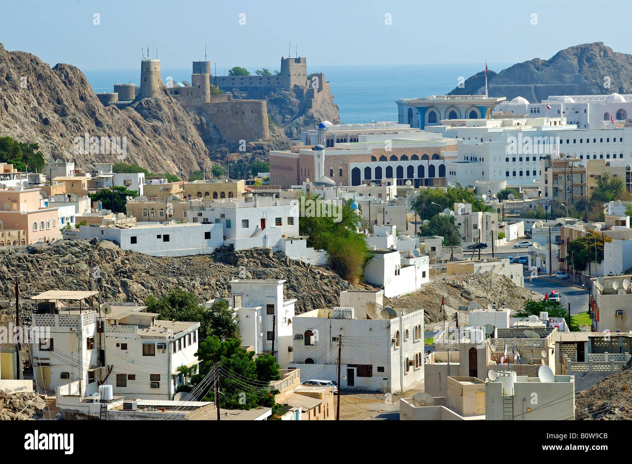 View towards Old Muscat, historic centre, Fort Mirani in the back, Oman, Middle East Stock Photo