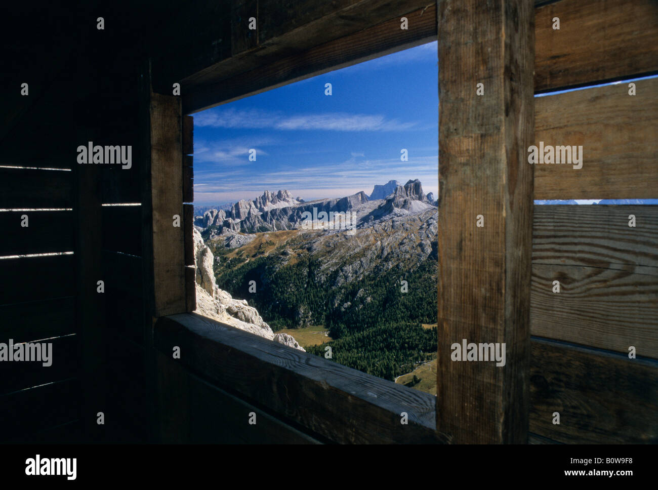 View from a wooden barn toward Col di Sangue, Blood Mountain, Dolomites, Veneto, Italy, Europe Stock Photo