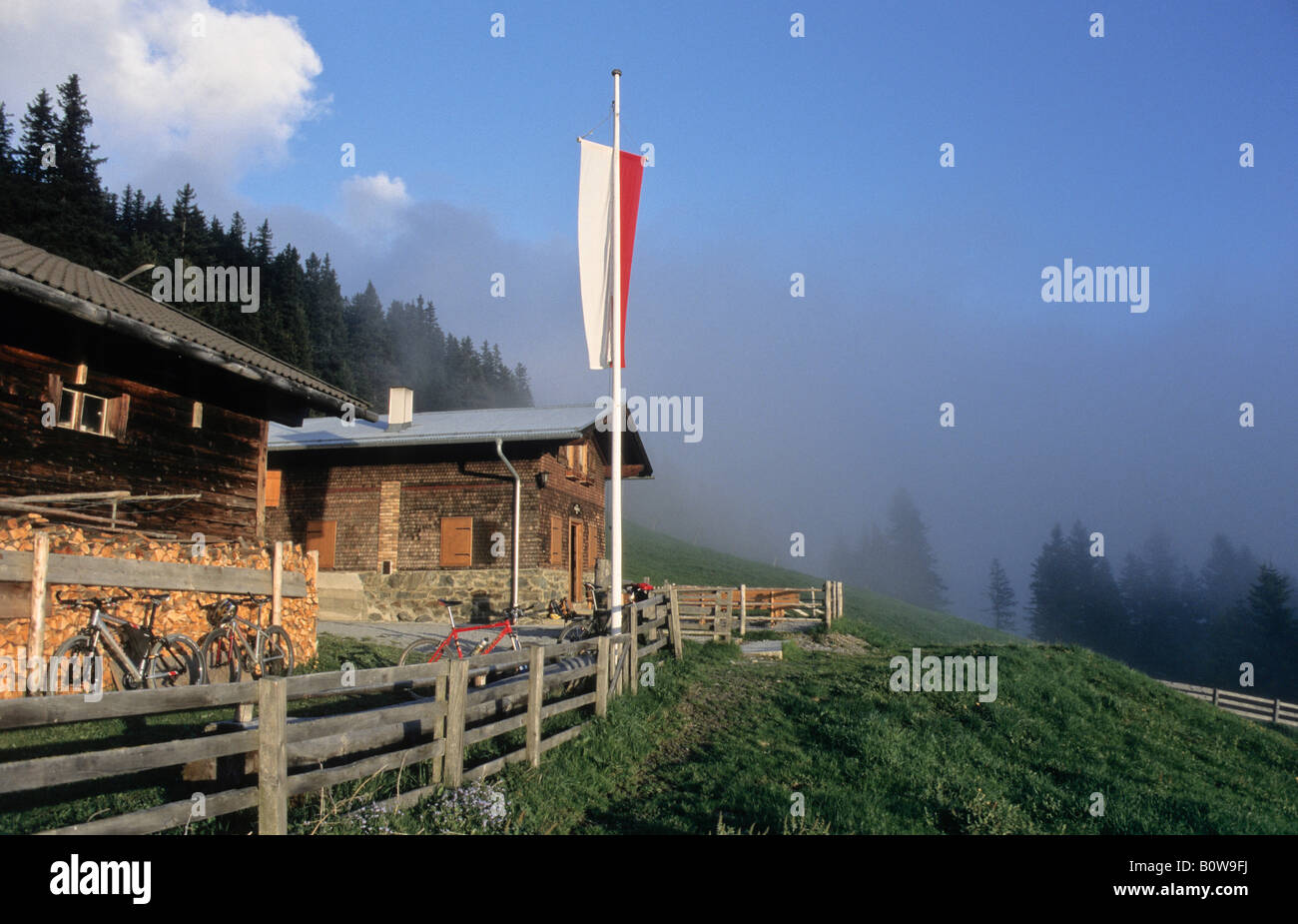 Wafts of mist moving from the forest above an alpine pasture to the Sistranser Alm, Tyrolean flag on a pole, two wooden mountai Stock Photo