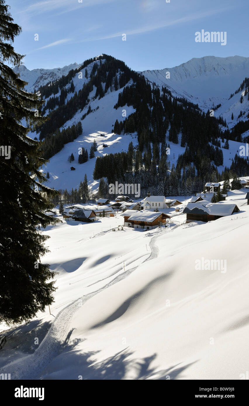 Snow-covered town of Baad, Kleinwalsertal, Vorarlberg, Austria Stock Photo
