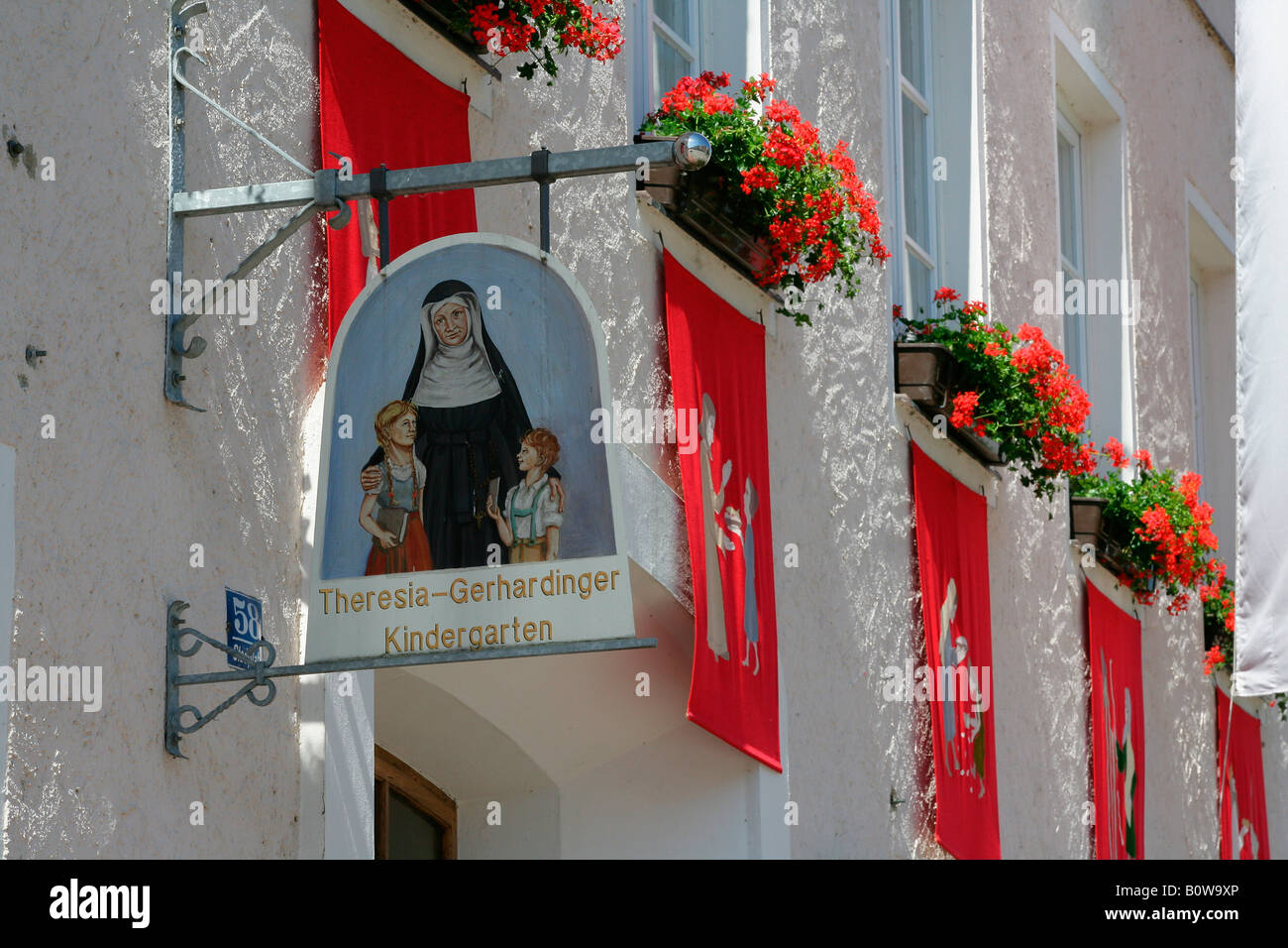 Festively decorated house fronts for the Corpus Christi procession, Muehldorf am Inn, Upper Bavaria, Germany, Europe Stock Photo