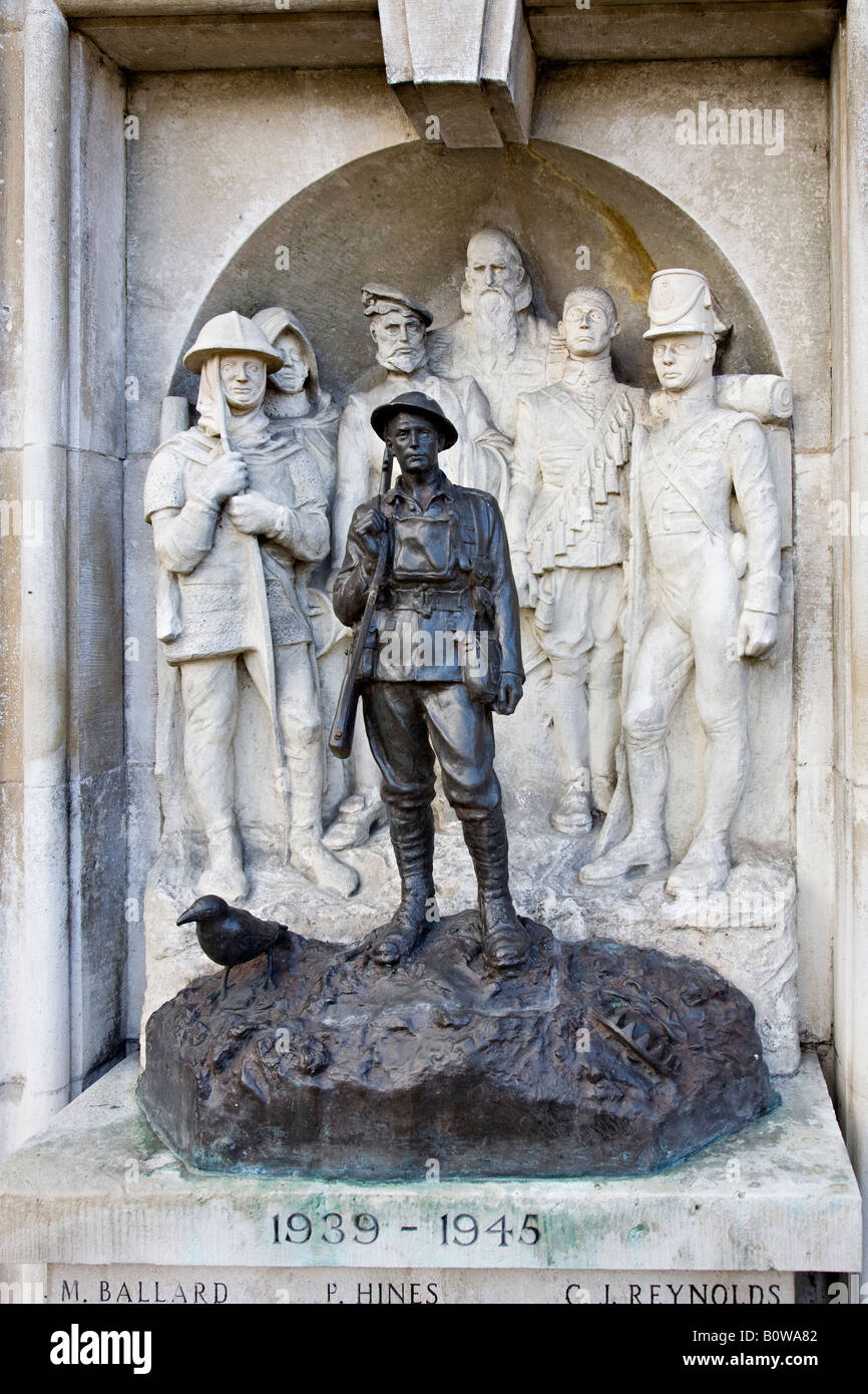 Second World War memorial showing army soldier with soldiers from earlier wars Royston England UK Stock Photo