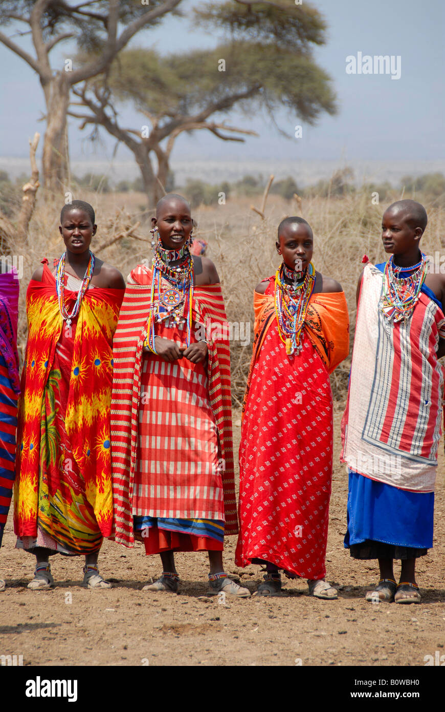 Colourfully dressed Masai women standing in the savannah, Amboseli National Park, Kenya, Africa Stock Photo