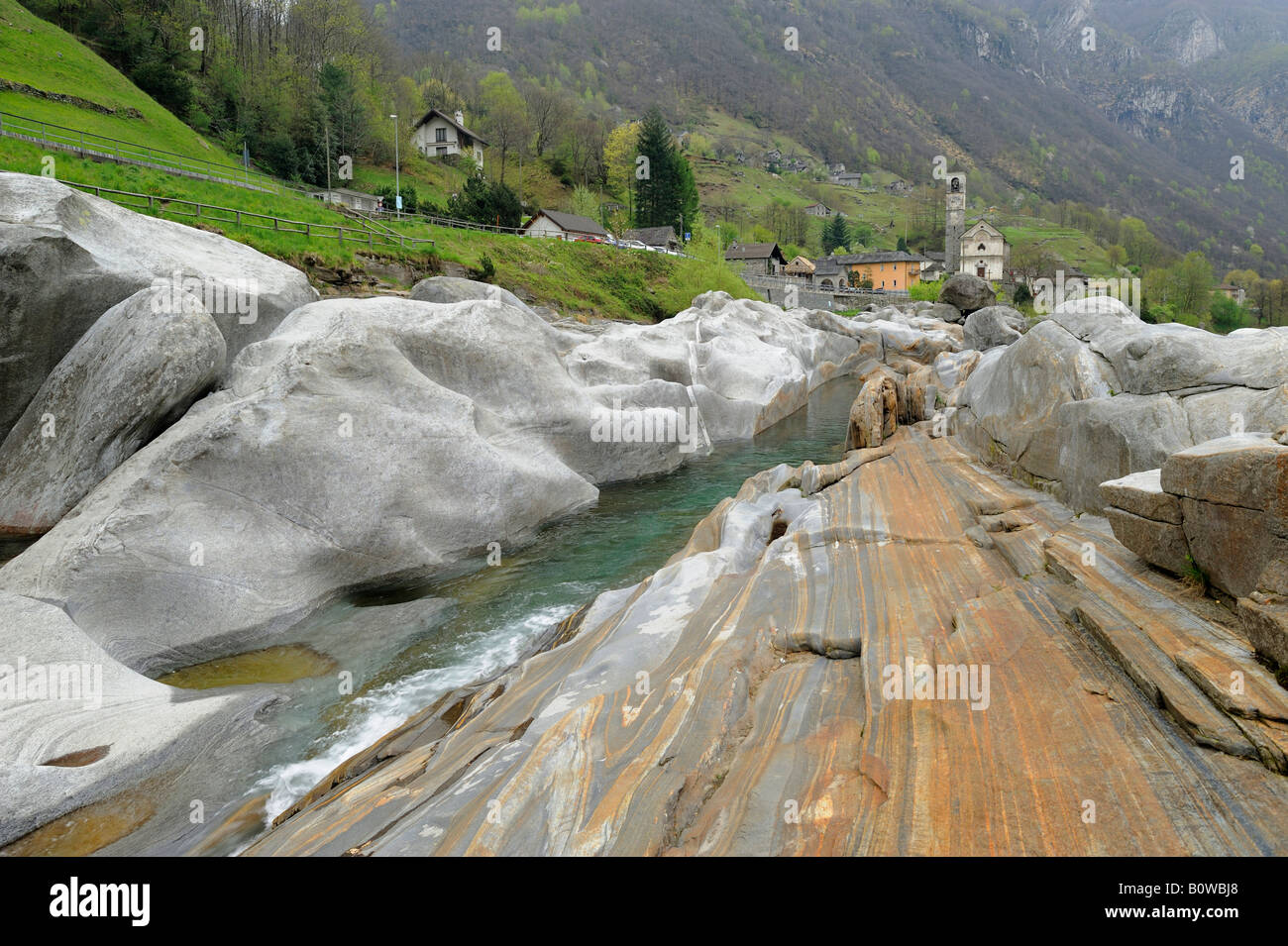 Verzasca River, church of Lavertezzo at back, Ticino, Switzerland, Europe Stock Photo