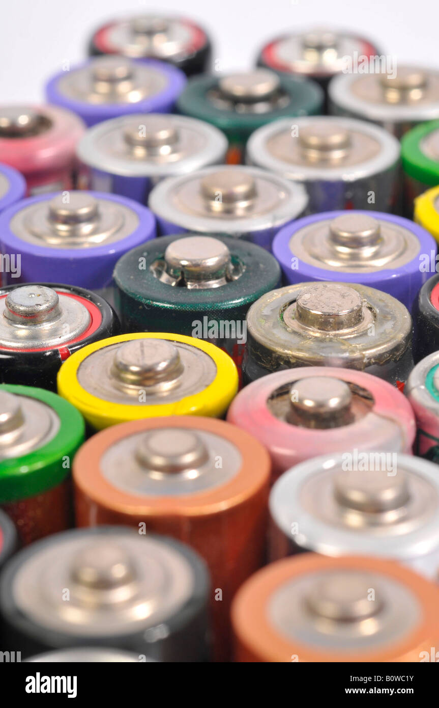 Used, empty AA and rechargeable batteries Stock Photo Alamy