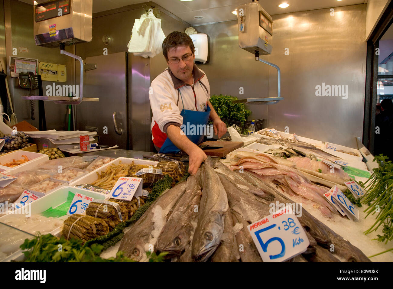 Market, Mercado Central, fish vendor, Zaragoza, Saragossa, Expo 2008 city, Province of Aragon, Castile, Spain, Europe Stock Photo