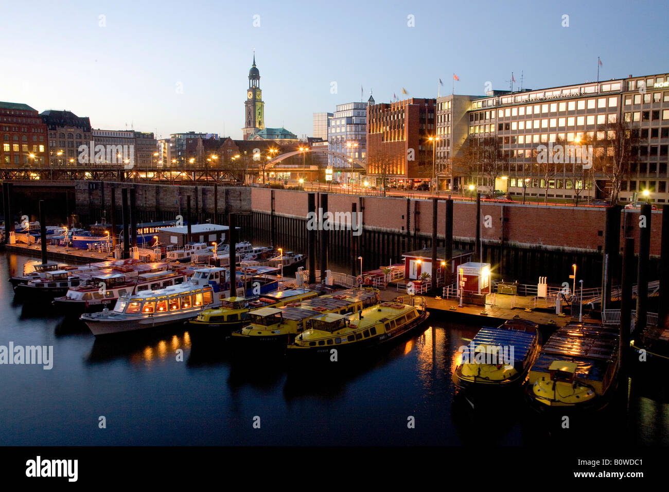 Harbour and panoramic view of the Hamburg at dusk, Germany, Europe Stock Photo